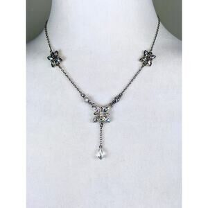Silver Tone LBVYR Crystal Flower Y Drop Statement Necklace EUC